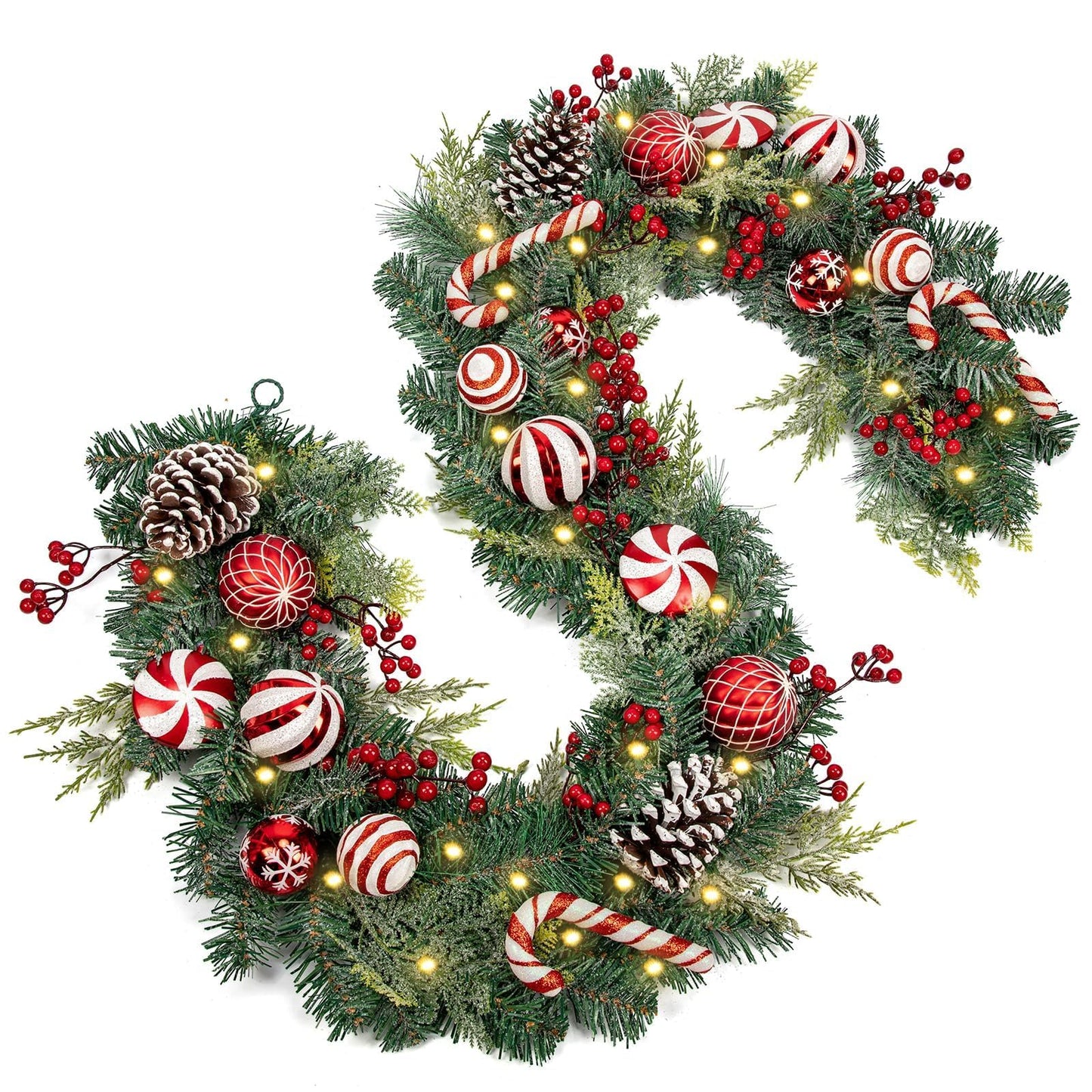 Red and White Christmas Garland 6Ft Christmas Garland Ornaments with 15 Balls, 3 Pinecones, 3 Candy Canes, LED Lights, Christmas Decorations for Fireplace Mantel Staircase Front Door Porch Holiday
