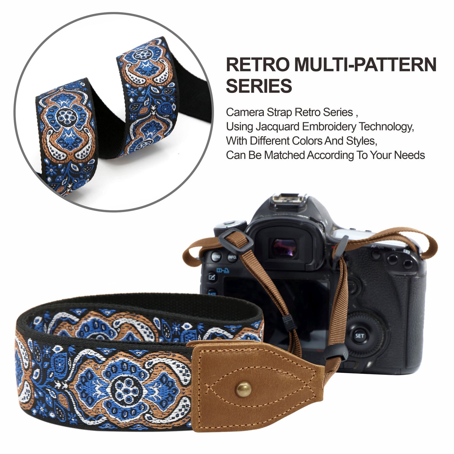 Padwa Lifestyle Camera Strap - 2" Wide Crazy Horse Art Cowhide Head,Vintage Jacquard Embroidery Camera Straps for Photographers Gift, Adjustable Shoulder Neck Strap Fits DSLR Cameras(Elegant Blue)