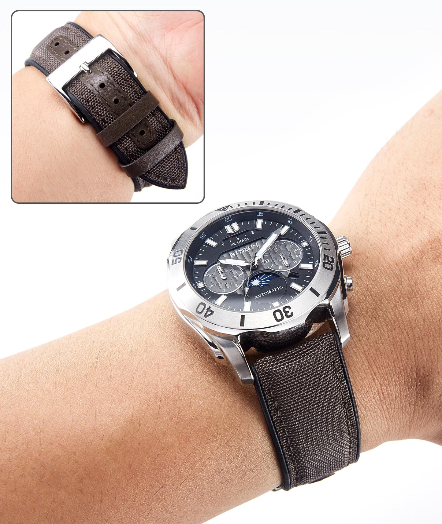 BINLUN Nylon Silicone Watch Bands 18mm 19mm 20mm 21mm 22mm Quick Release Canvas Rubber Hybrid Watch Strap Replacement Watchband for Men Women 9 Colors Silver/Black Buckle(Dark Brown-Silver,19mm)