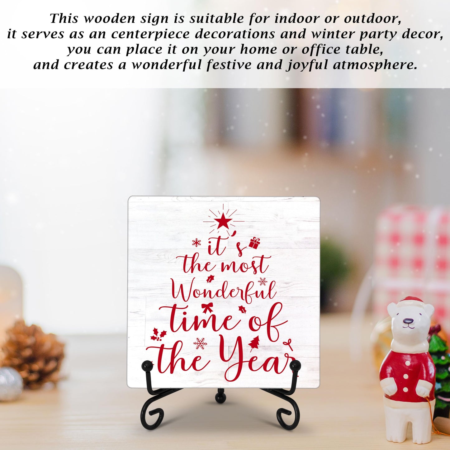 Cazhes Christmas Decorations for Home Bedroom Kitchen, Red Christmas Wooden Decor, 5x5 Inches Xmas Tree Sign with Iron Stand, Birthday New Year Gifts for Women-G09