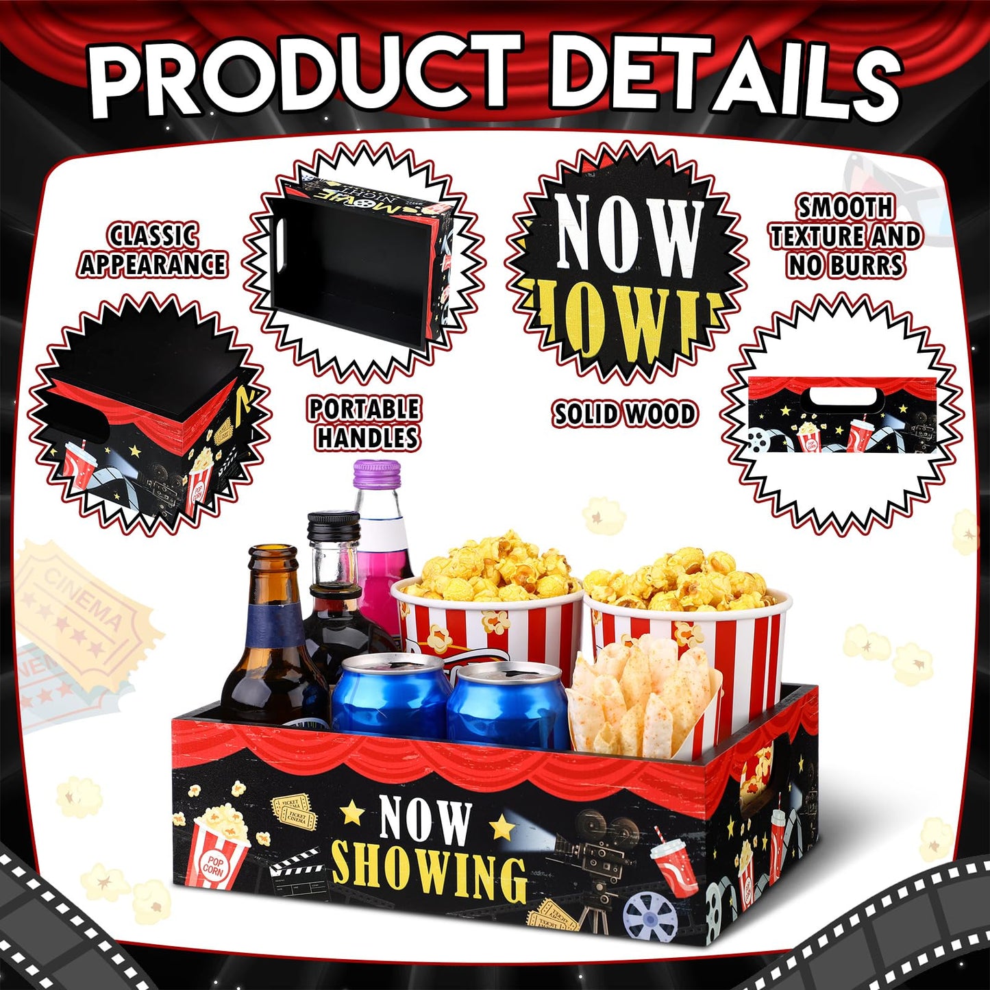 Movie Night Supplies Snack Trays with Handles Reusable Wooden Movie Gift Basket for Theater Popcorn Bucket Bowl Box Container Family Room Decor(Classic Style)
