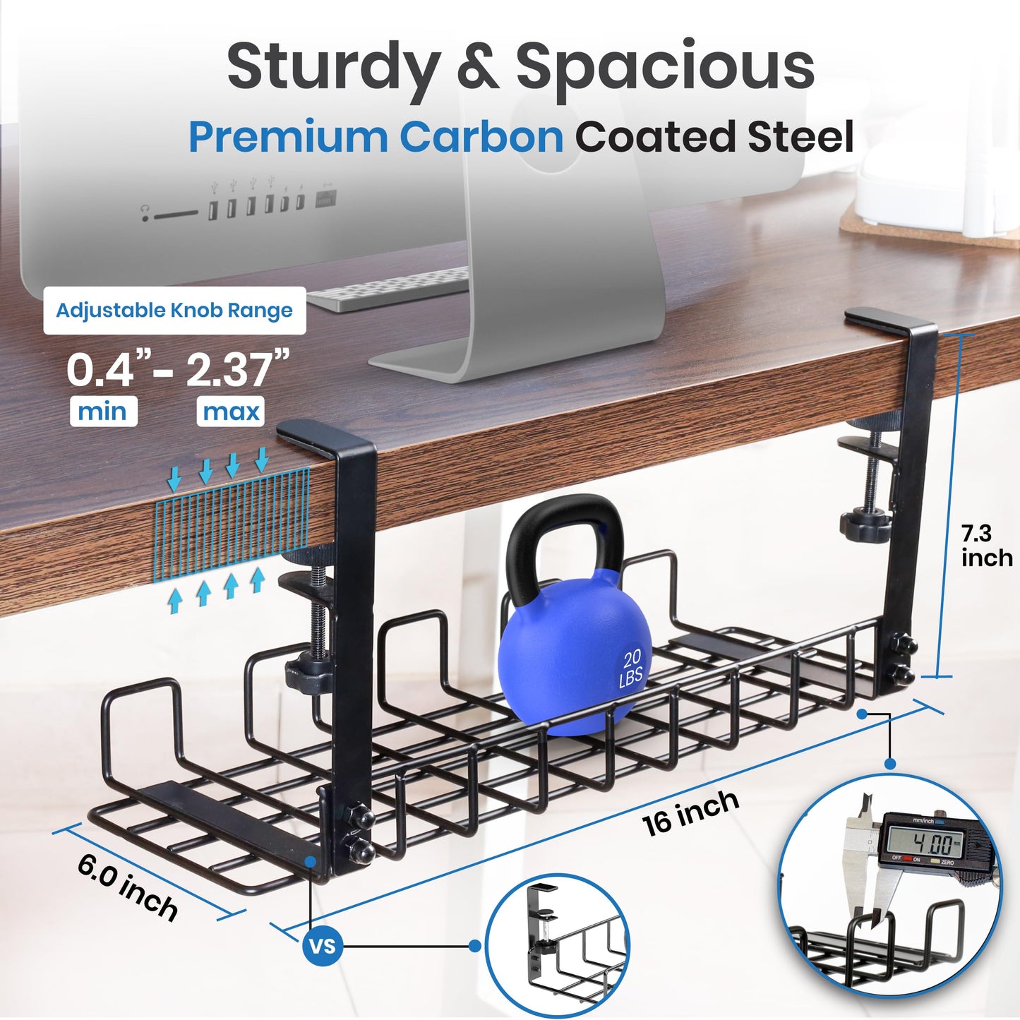 Under Desk Cable Management Tray, 16” No Drill Cord Organizer with Clamps for Wire Management, 4mm Sturdy Wire Desk Cable Organizer Tray, Cable Management Rack for Office