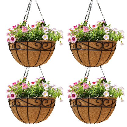 14 inch Metal Hanging Baskets For Plants Outdoor 4 Pack Round Metal Wire Hanging Basket Planter with Coco Fiber Liners Chain Round Wire Plant Holder for Garden, Patio, Deck, Porch Plants Flower Potss
