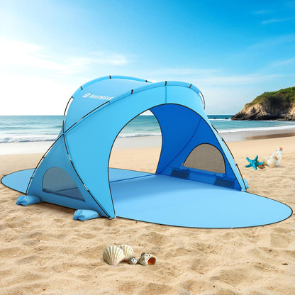 Raynesys Beach Tent Sun Shelter, Beach Shade Tent with UPF50+ UV Protection, Portable Sun Shelter for 1-3 Person, Sun Shade Tent with 2 Zippered Doors, Cool Cabana for Sand Camping Fishing, Blue