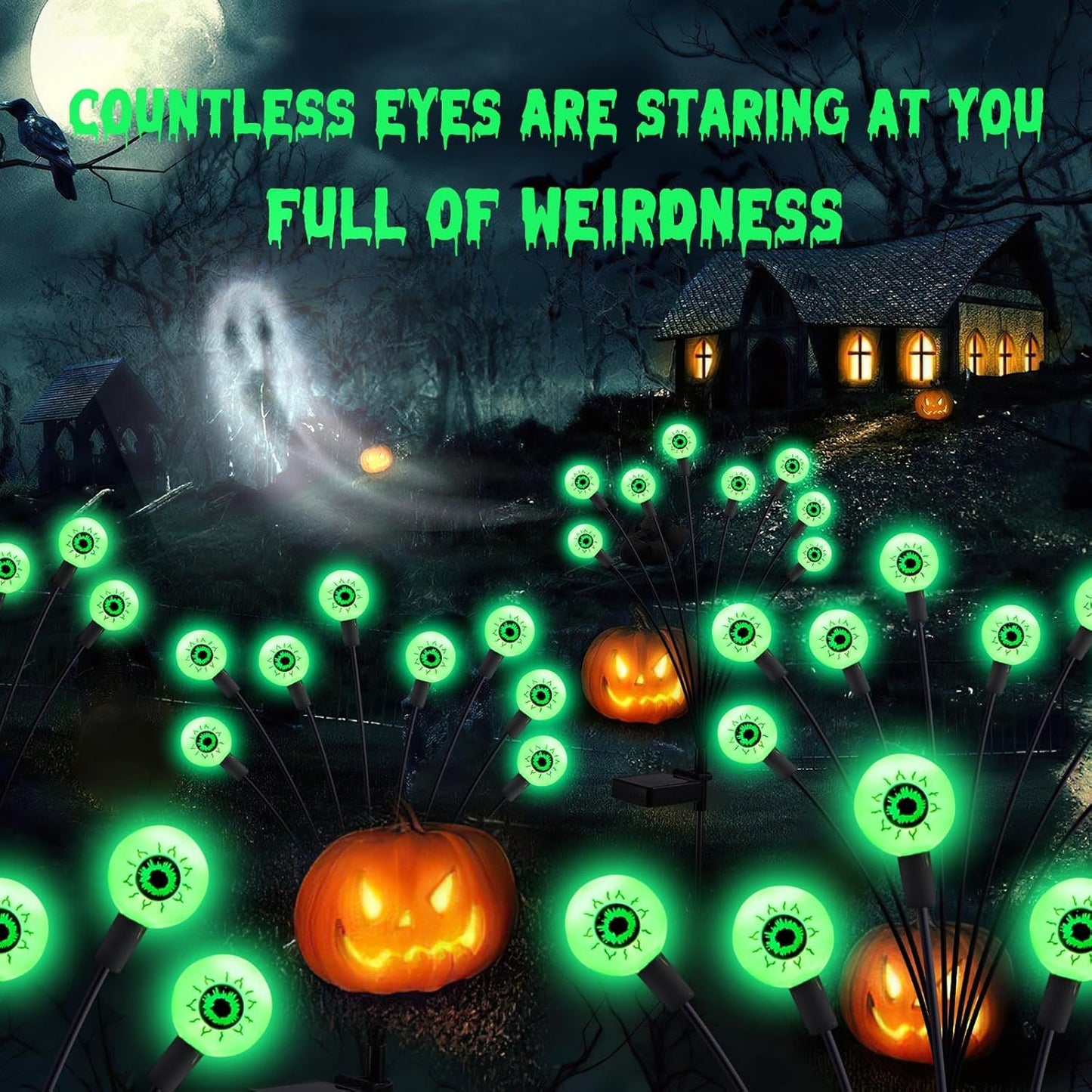 ASMAD Halloween Decorations Outdoor Solar Scary Eyeball Lights, 8Pack 64LEDs Green Eyeball Swaying Firefly Light, Waterproof Halloween Path Lights for Garden/Yard/Patio/Party Decor