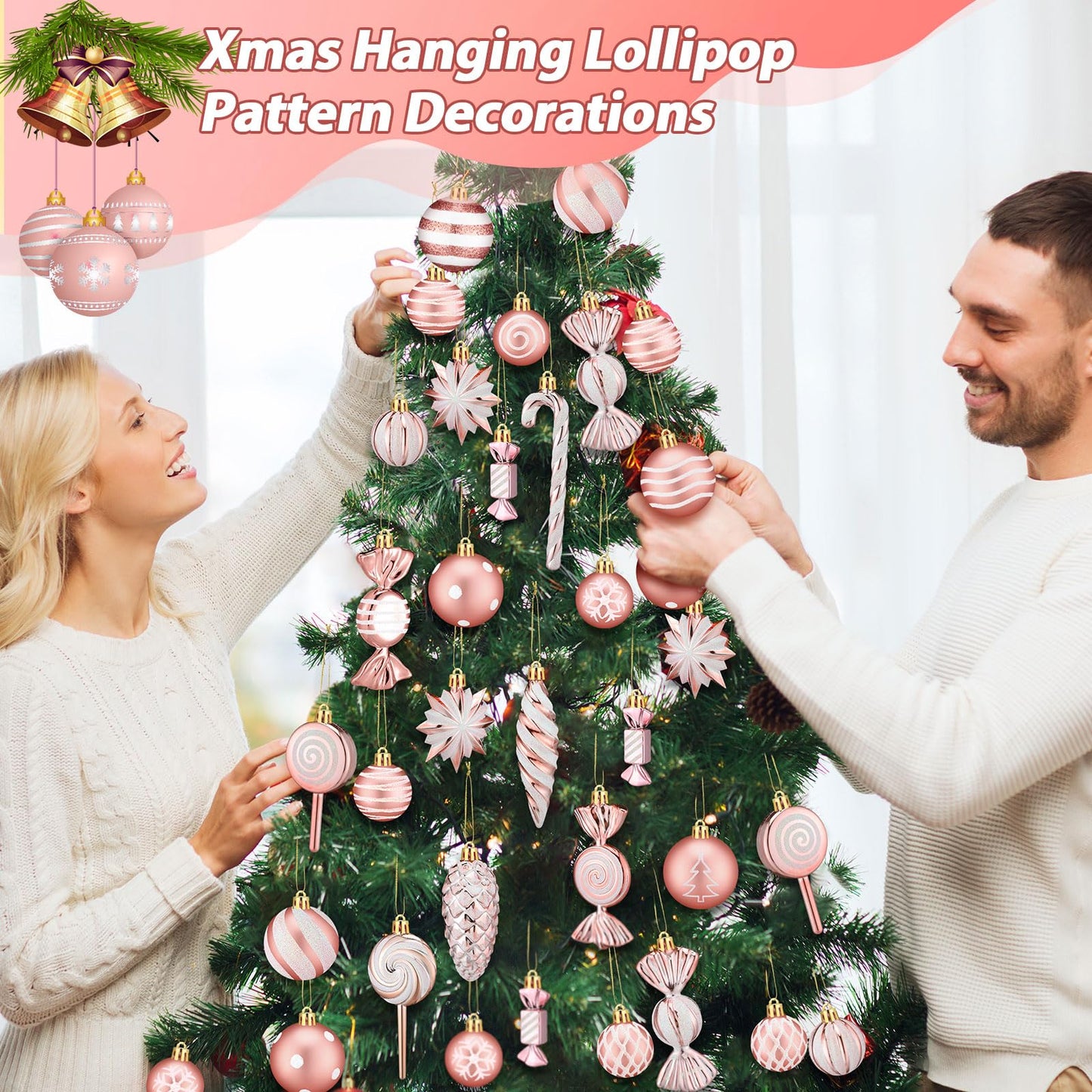 Knitgrip 50 Pcs Christmas Candy Cane Lollipop Ornaments Christmas Peppermint Candy Tree Balls Decorations with Rope Plastic Xmas Hanging Ornaments for Party Decor(Pink)