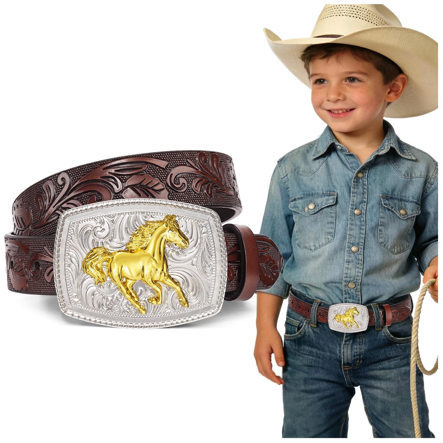 JKEEMI Kids Western Belt, Boys Girls Cowboy Belt for Kids with Detachable Square Buckle and Genuine Leather for Jeans Gifts