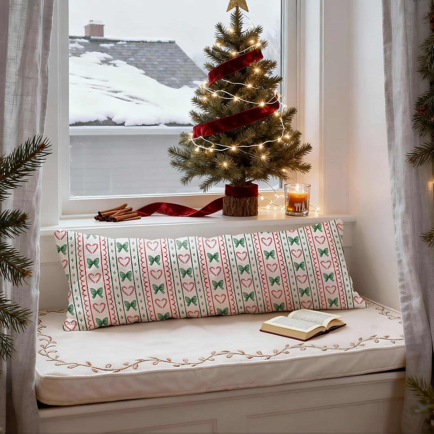 Mancheng-zi Coquette Bow Candy Cane Christmas 20x54 Body Pillow Cover Pillowcase with Zipper, Preppy Girly Christmas Decor, Retro Red and Green Xmas Decorative Long Hug Pillow Cases for Bed Couch