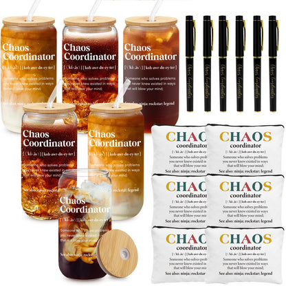 6 Set Employee Appreciation Gifts Bulk, Chaos Coordinator Gifts for Coworker Staff Teacher Nurses, Thank You Glasses Cups 16 oz Can Shaped Beer Glass Makeup Bag Ballpoint Pen for Women Men