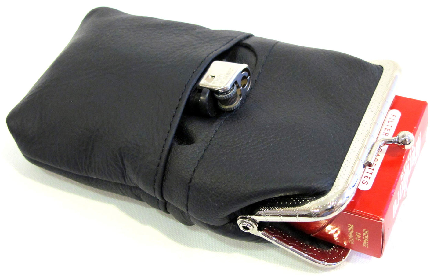 Women 100% Pure Leather Cigarette Case Lighter Match Pocket Zipper Coin Pouch -4 Color (Black)