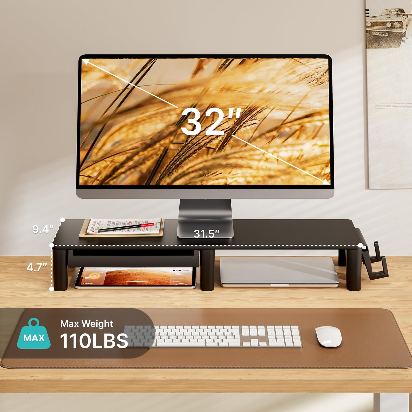 PEGZONE Monitor Stand Riser for Desk, Ergonomic Computer Riser with Storage Drawer, Desktop Shelf Organizer for PC, Laptop, Desk Computer Riser For Home Office