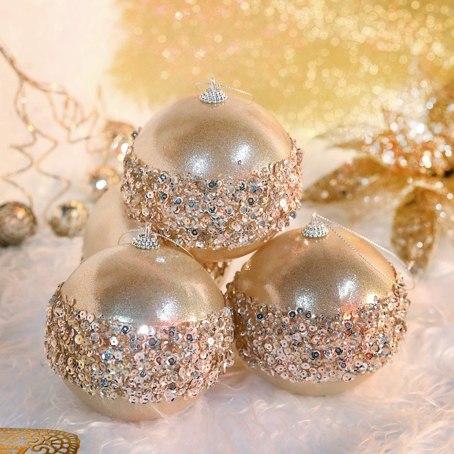 ZHANYIGY 4pc Champagne Gold Christmas Ball Ornaments, 4pc Set Red Shatterproof Christmas Decorations Tree Balls for Xmas Trees Wedding Party Holiday Decorations