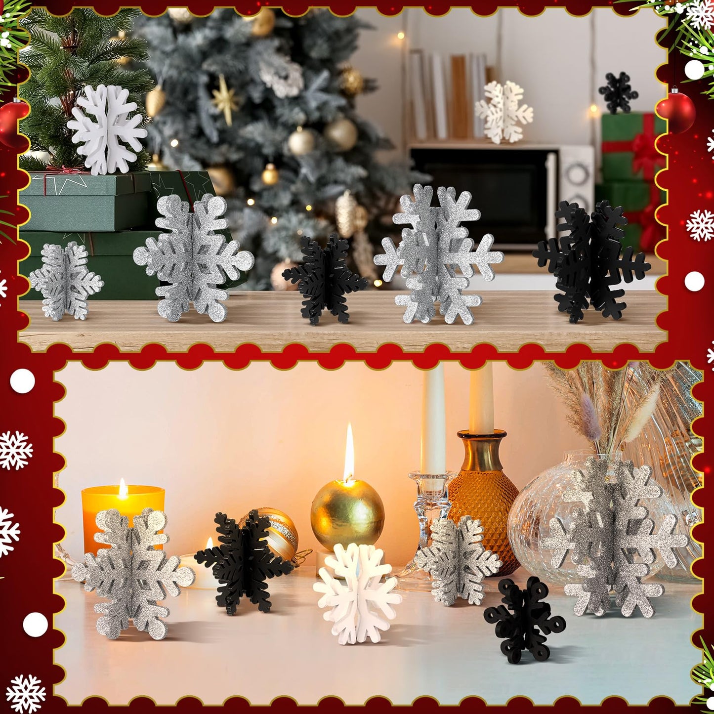 Wenqik 16 Pcs Winter Wooden Snowflake Decor Christmas Winter Snowflake Tabletop Decorations 3D Snow Table Signs Standing Centerpiece Xmas Tiered Tray Decorations for Party(White, Black, Silver)