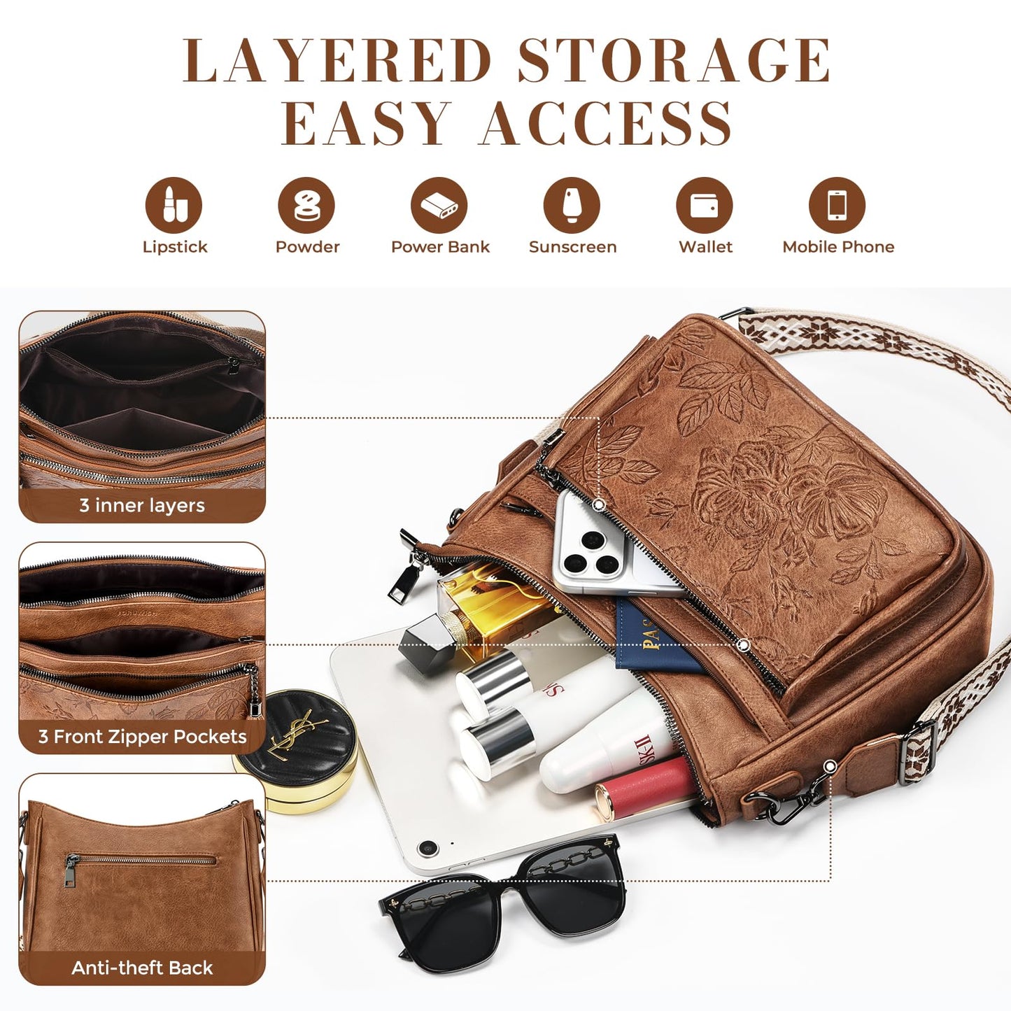 FORUWISH Crossbody Bags for Women, Brown Vegan Leather Medium Crossbody Purse, Spacious Daily Travel Shoulder Bag with Boho Strap