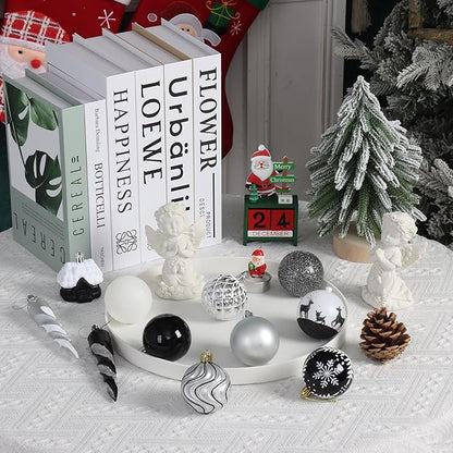 124Ct Black White and Silver Christmas Tree Ornaments Set,Shatterproof Assorted Christmas Decorations for Xmas Tree Snowflake Icicle House Ball Ornaments Baubles for Holiday Party(Black White Silver)