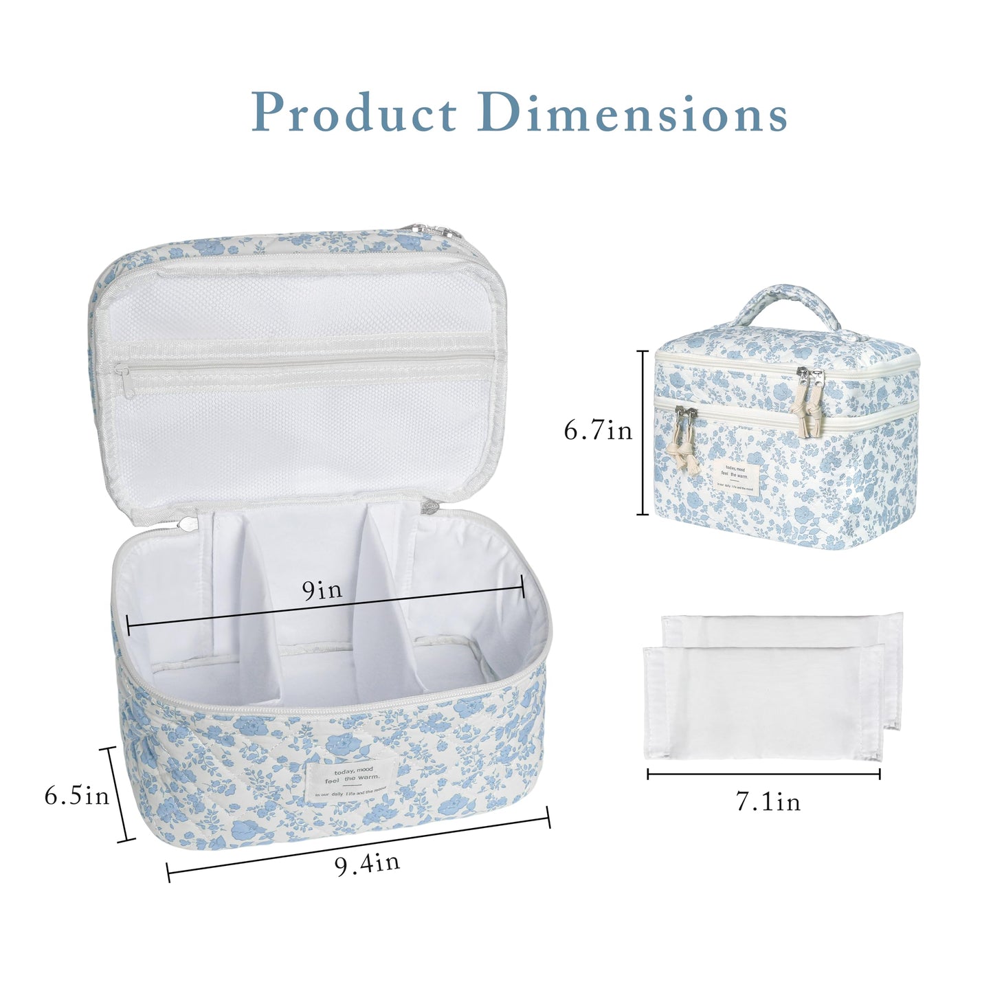Gosect Makeup bag, Large Cosmetic Bag for Women Girls, Cute Quilted Make Up Bags, Floral Coquette Aesthetic Toiletry Bag, Travel Make Up Organizer Bag (Blue Flowers)
