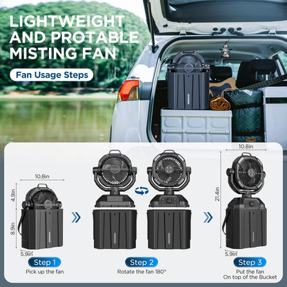 NYXQUARK Portable Misting Fan with 25000mAh Reverse Charging & Remote Control, Auto-Oscillating LED Outdoor Cooling Fan, Stepless Speed, Waterproof Design for Camping, Patio, Pets, Garden Use (Black)