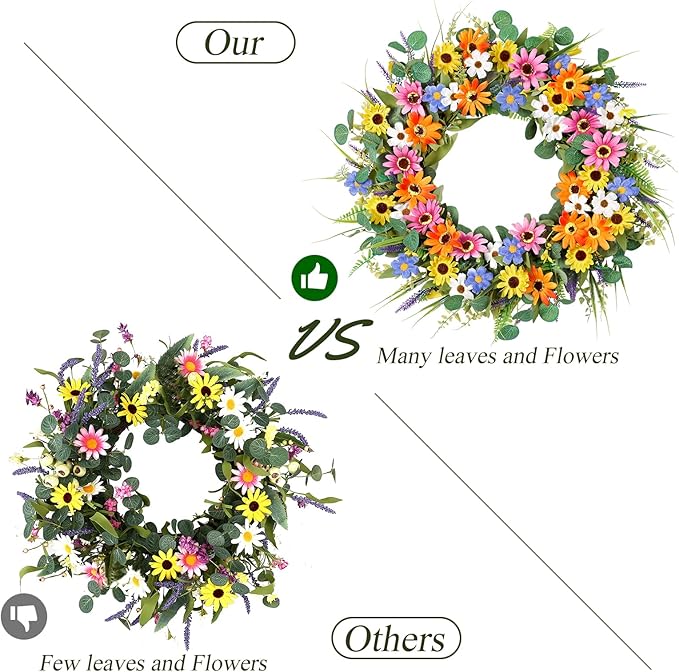 Dremisland 22 Inch Colorful Daisy Wreath Spring Summer Wildflower Wreath with Green Eucalyptus Leaves for Front Door Artificial Floral Wreaths Window Wall Farmhouse Wedding Party Festival Decor