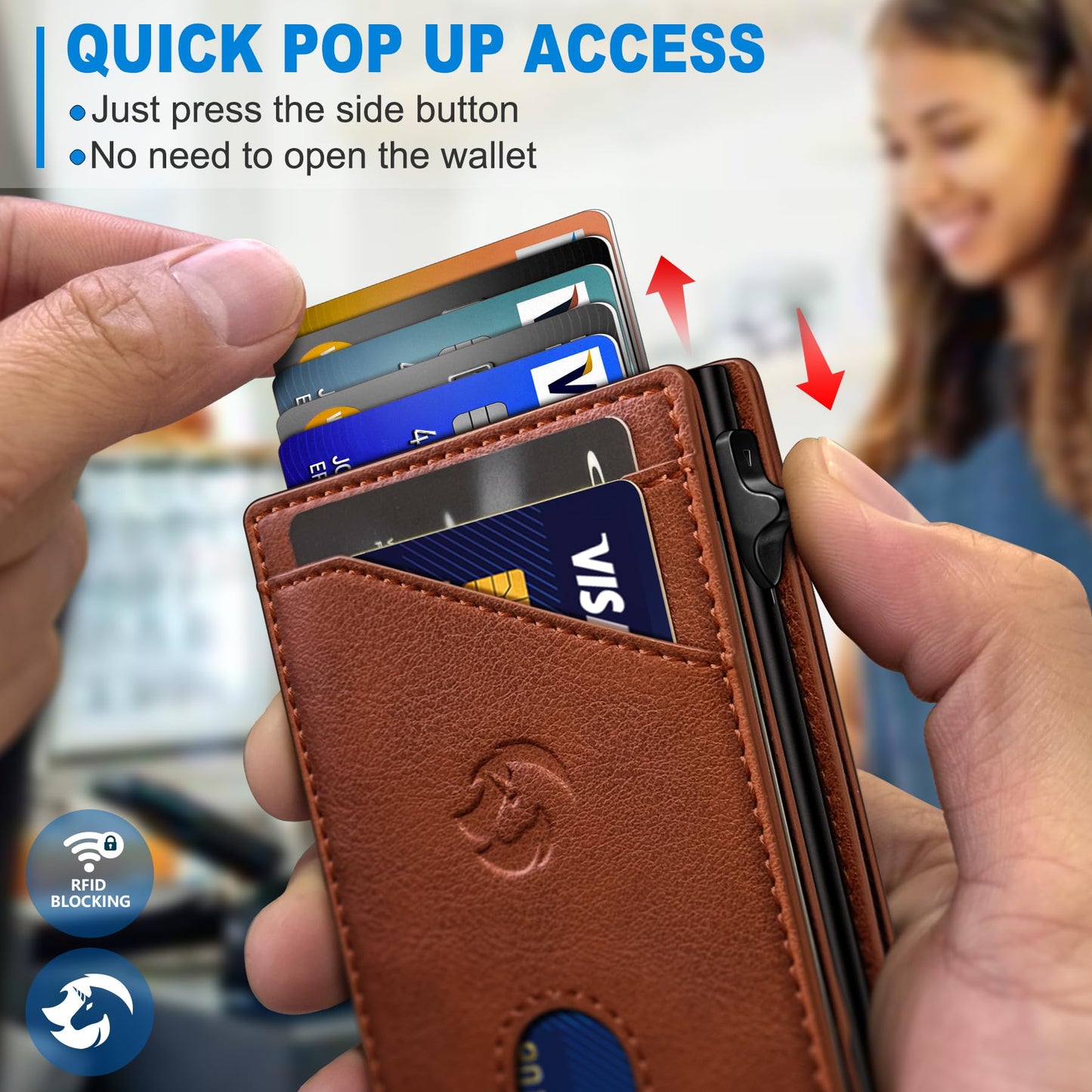 Housmai Wallet for Men, Slim Pop Up Card Holder with RFID Blocking, Minimalist Bifold Wallet with 9 Card Slots, ID Window and Cash Pocket, Metal Flip Case with Magnetic Closure, Gift Box