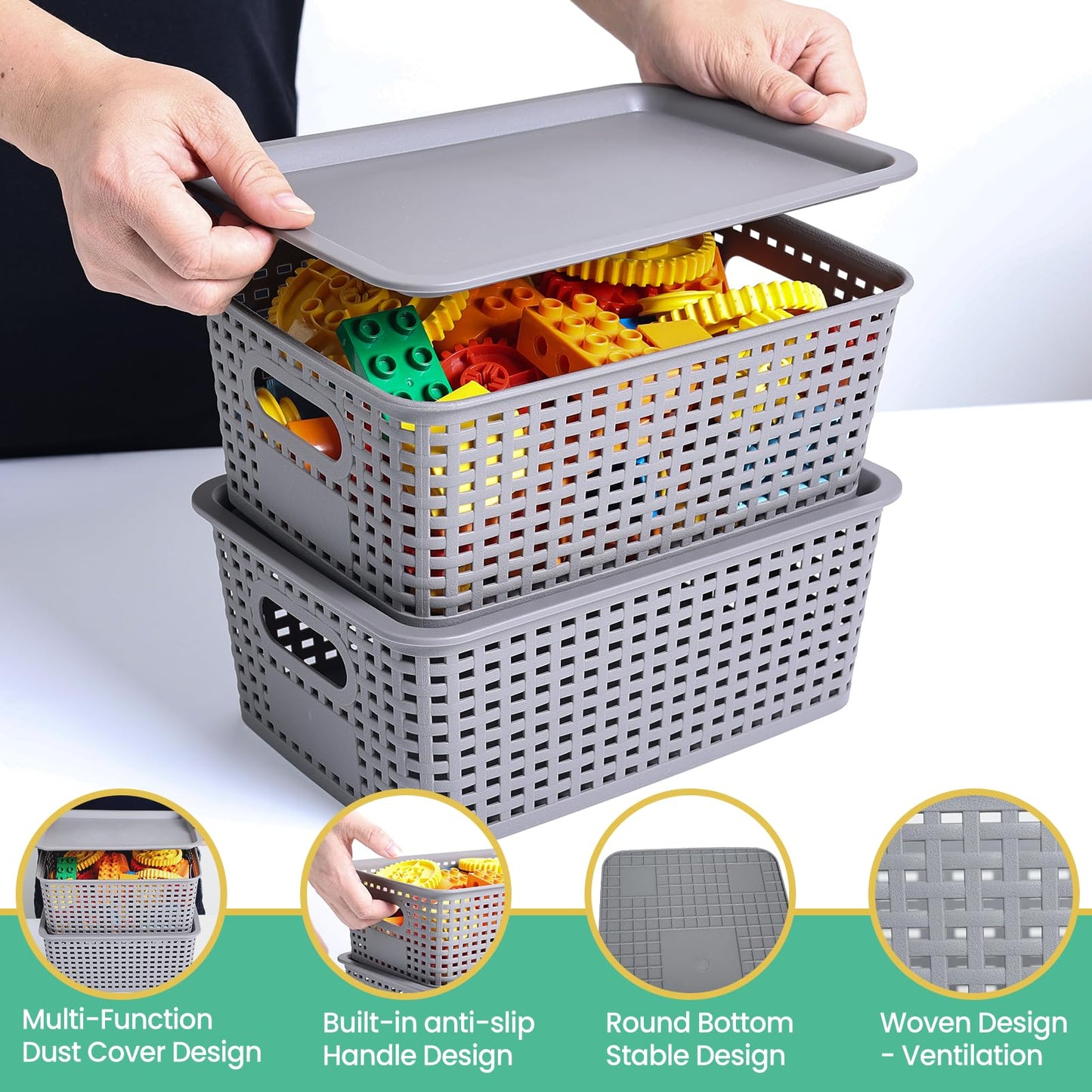 Plastic Storage Baskets with Lid-Plastic Storage Containers Stackable Storage bins: Storage Baskets for Organizing Shelves Drawers Desktop Closet Playroom Classroom Office,8 Pack-Gray10.2x7.2x4.1Inch