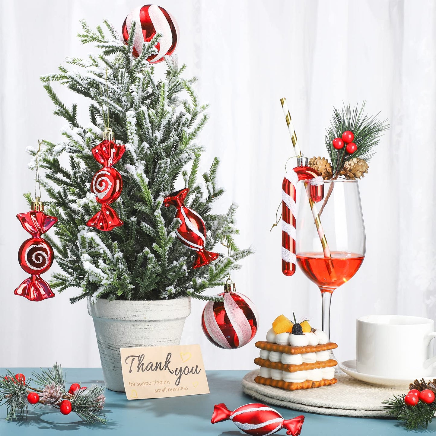 Aoriher 24 Pcs Christmas Candy Cane Ornament Red and White Plastic Peppermint Candy Cane Christmas Decorations Xmas Hanging Lollipop Pattern Decorations with Rope for Xmas Party Holiday Festival Decor