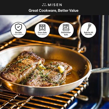 Misen 5-Ply Stainless Steel 10" Frying Pan - Professional Cookware for Induction, Gas and Electric - Dishwasher Safe, Oven Safe to 800°F - Durable, Versatile, Even Heating
