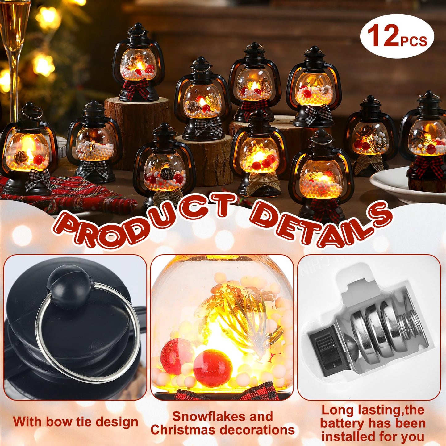 ROCEEI 12 Pcs Mini Christmas Lantern with Pine Cones, Berries, Pine Branches Flickering LED Candles Vintage Christmas Lantern with Bow Tie Ornament Hanging Candle Lantern Table Centerpiece for Xmas