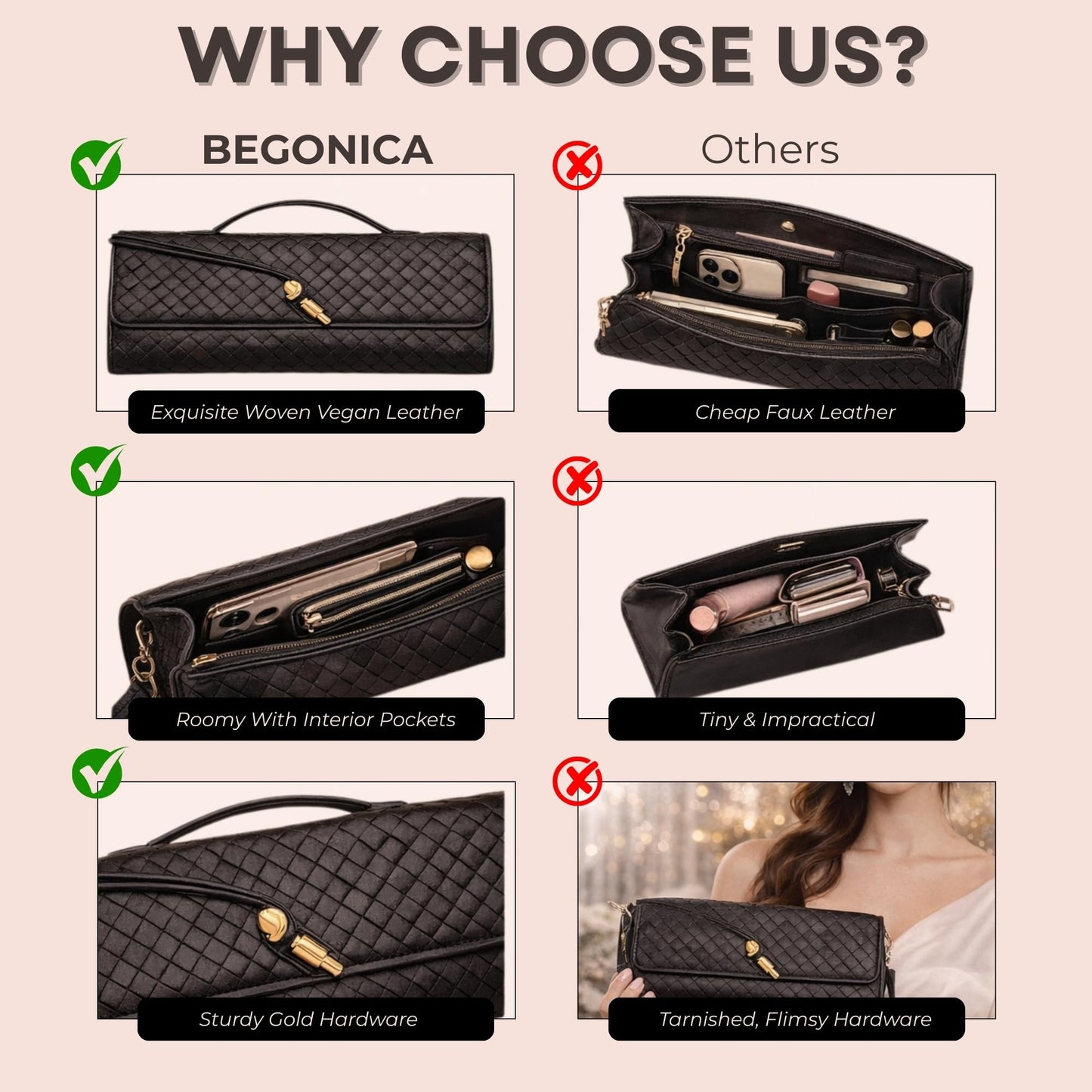BEGONICA Woven Evening Clutch Purse for Women - Soft Vegan Leather Crossbody Bag - Small Black Evening Bag - Elegant Shoulder Handbag for Weddings & Parties