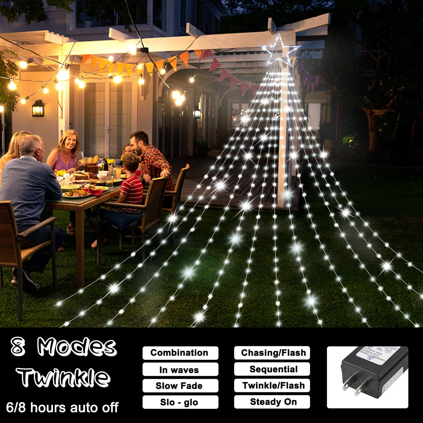 Onory Christmas Outdoor Star String Lights 23FT 860 LED Waterproof Waterfall Tree Lights with Star Topper, 8 Modes Christmas Decorations Outdoor Tree Lights for Patio, Yard, Party Holiday Dec