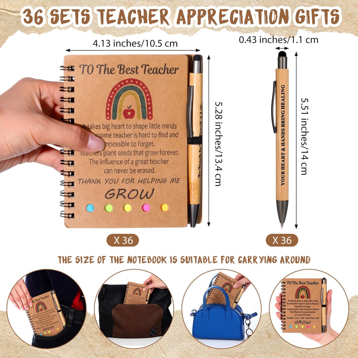 Resurhang 72 Pcs/36 Sets Teacher Appreciation Gifts Teacher Week Thank You Appreciation Gifts Notebook with Bamboo Ballpoint Pens, Thank You Notebook Bulk from Students Inspirational Journal