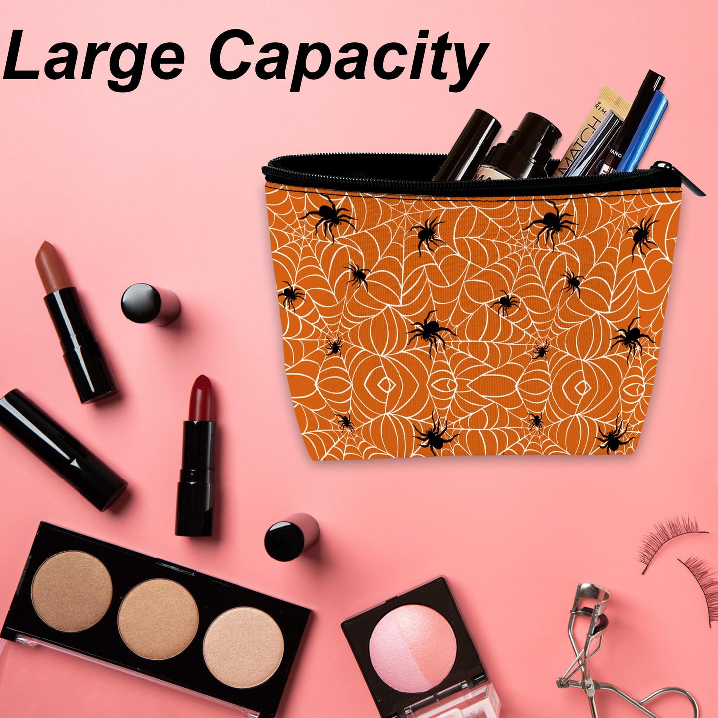 DEMACYA Spiders Makeup Bag for Purse, Waterproof Funny Cosmetic Bag for Women, Zipper Travel Toiletry Pouch with Webs Black Gift 9.5×5.9 Inch