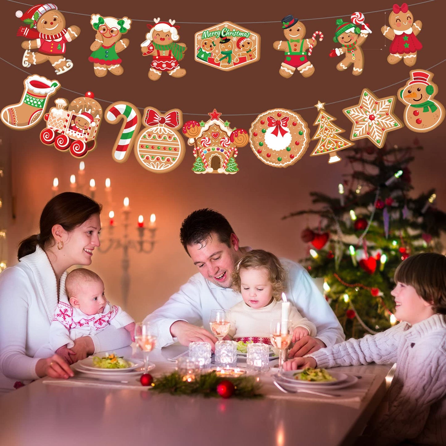 HOWAF Christmas Gingerbread Man Hanging Banner, Merry Christmas Backdrop banner-Snowflake, Christmas Tree, Candy Canes, Christmas Stockings Design Christmas Party Decorations Winter Home Ornament