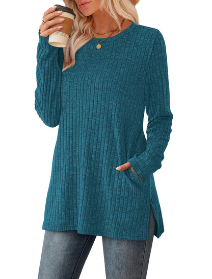 SAMPEEL Womens Sweaters Crewneck Long Sleeve Shirts with Pockets Fall Outfits 2025 Fashion Winter Clothing Side Slit