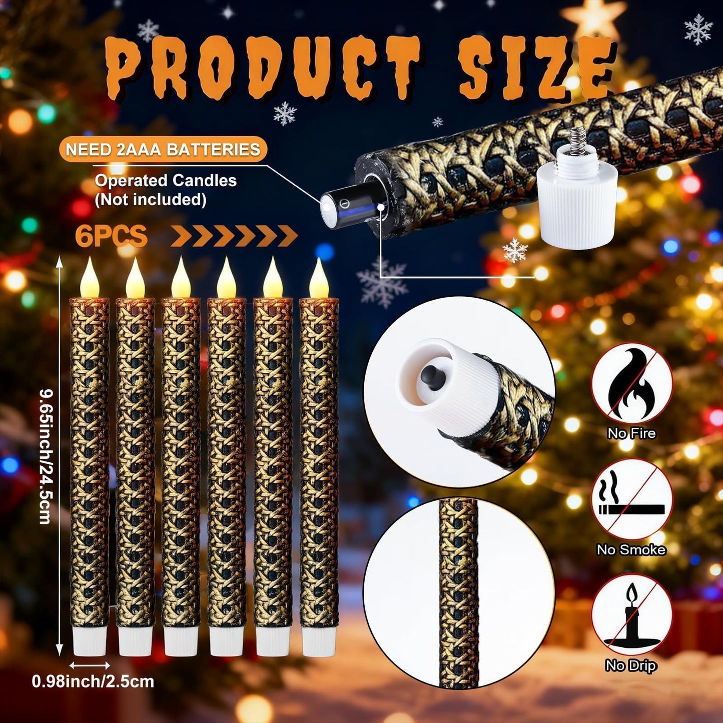 LCZLUMIPRO 6 Pcs Black and Gold Flameless Taper Candles - 9.65 Inch Battery Operated LED Candlesticks with Flickering Flame for Elegant Table, Wedding & Home Decor