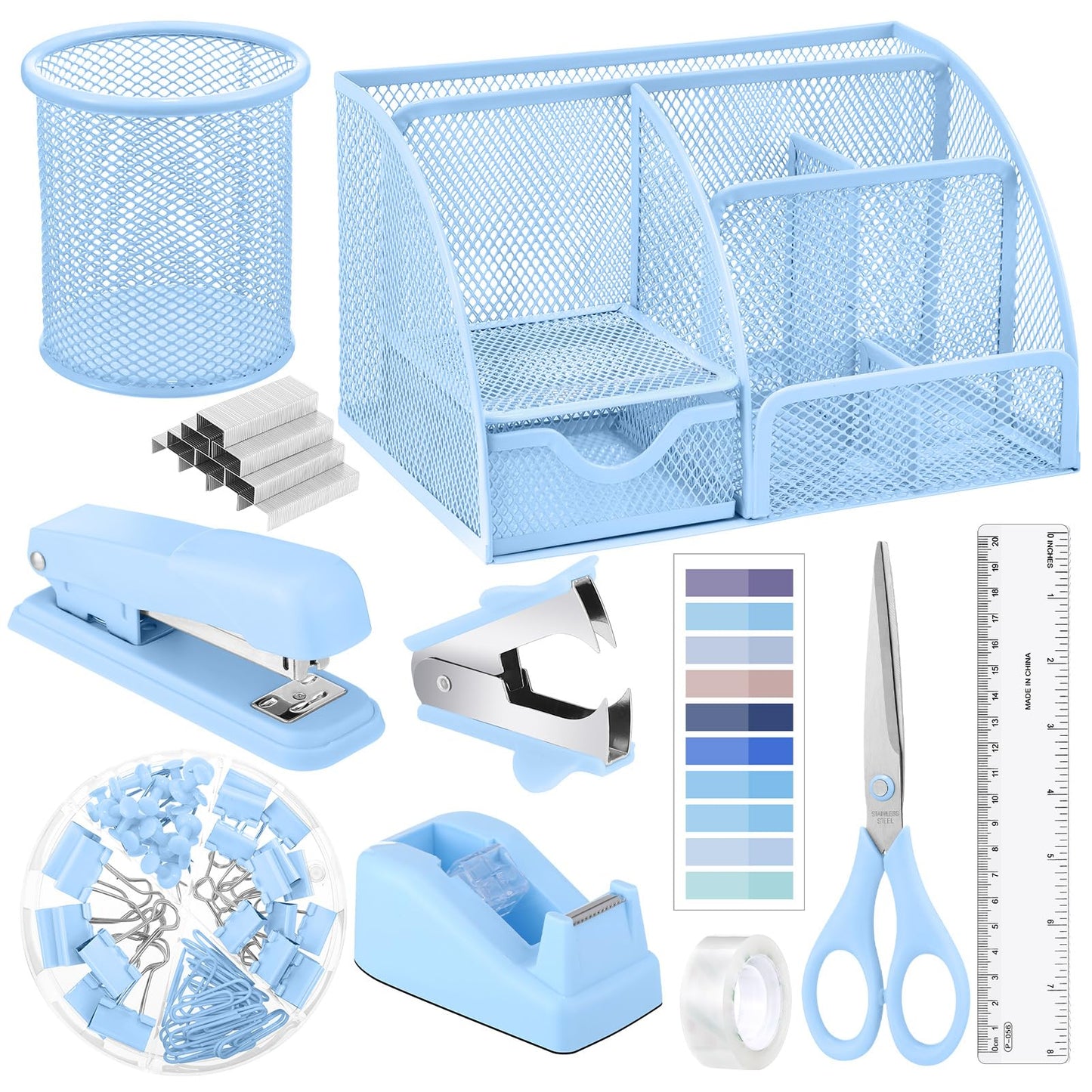 11 in 1 Blue Desk Organizer and Accessories, Blue Desk Accessories Light Blue Office Supplies Include Blue Stapler Blue Tape Dispenser Pen Holder Staple Remover Clips Ruler Scissors Tapes Tabs