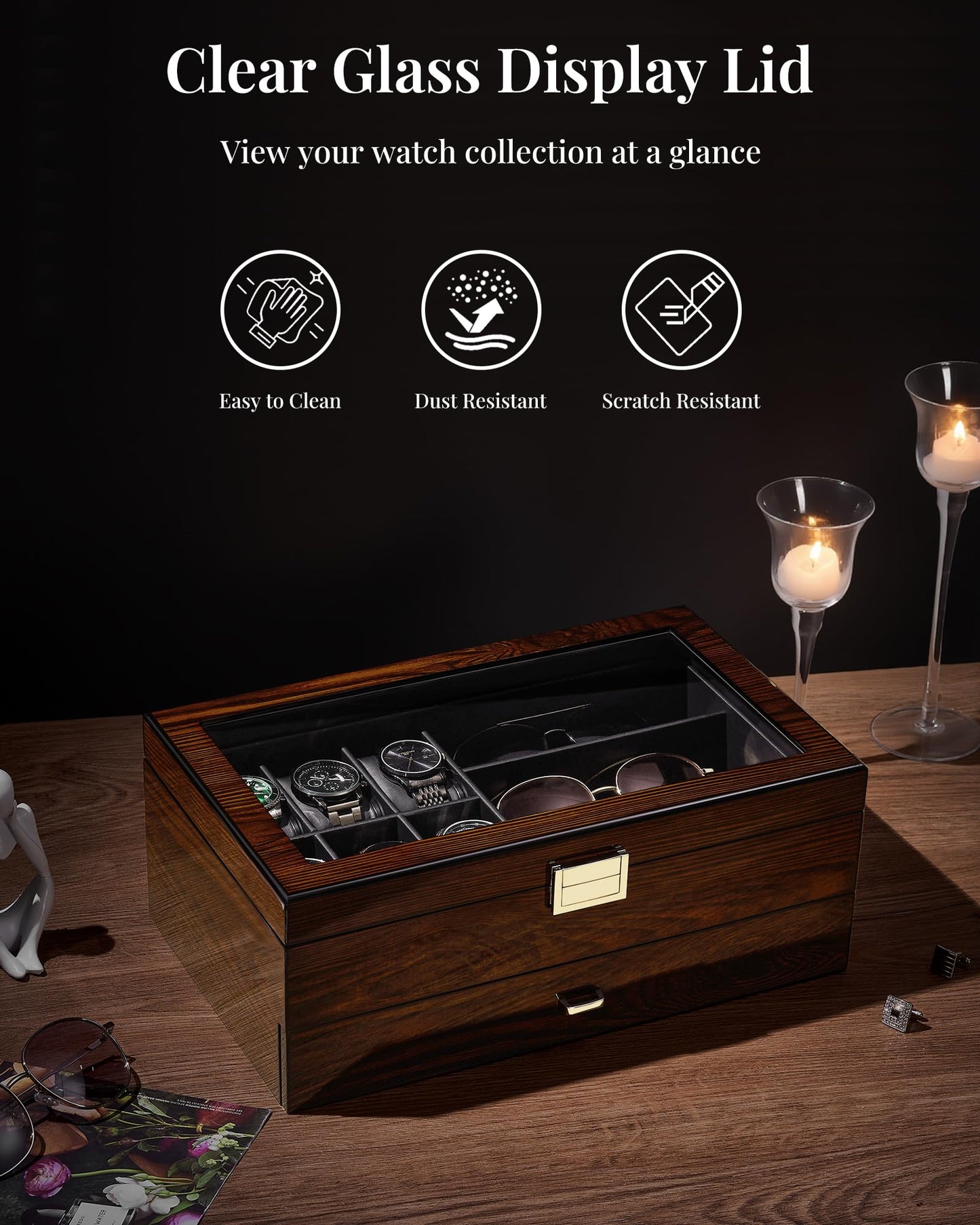BEWISHOME Men's Wooden Jewelry Box Organizer, 6 Watch and 3 Sunglasses Organizer for Men, Wood Watch Display Case with Glass Lid and PU Leather Interior