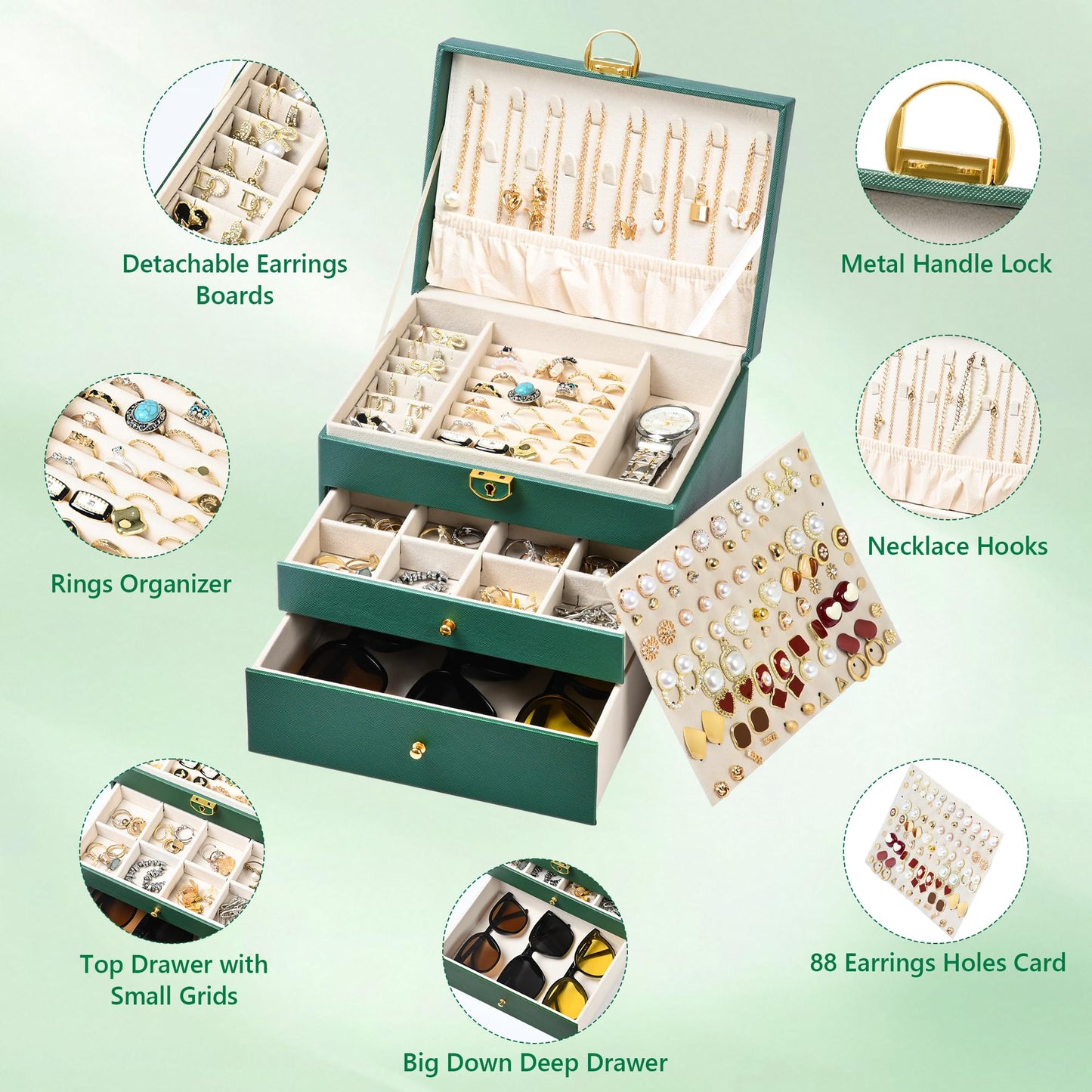 GALHUBIS Jewelry Box, 3 Layers Leather Jewelry Storage Display Box for Women, Gift Case, 2 Drawers, Large Capacity for Necklace Earrings Bracelets Rings,Green