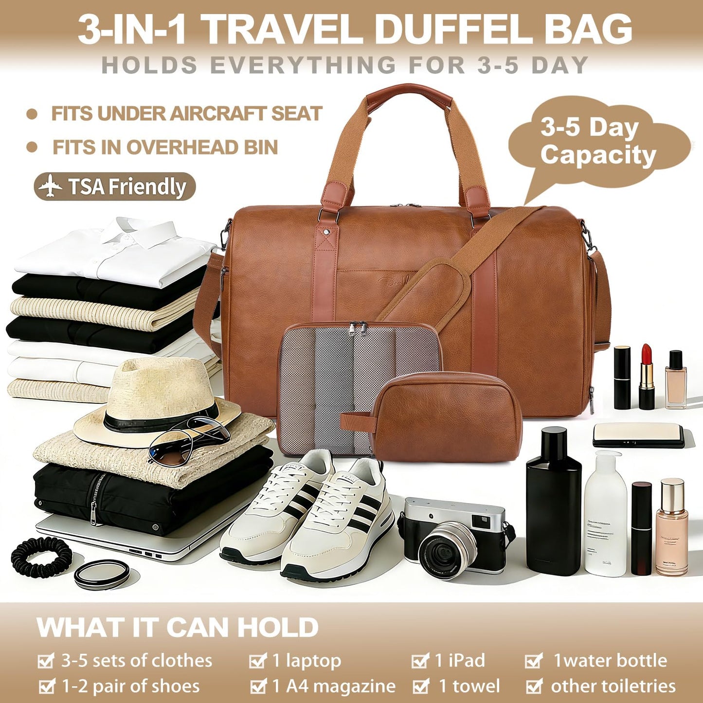 Large 3-in-1 Leather Duffle Bag for Travel Weekender Overnight Hospital Gym Bag for Men & Women, Carry On Airline Approved Personal Item Duffel Garment Bag Luggage with Shoe Compartment & Toiletry Bag