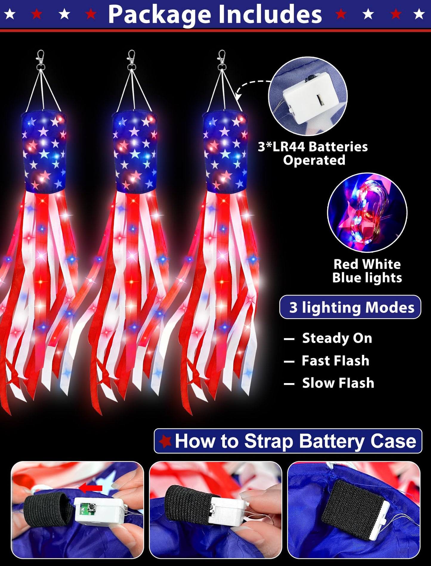 3 Pack 40" American Flag Windsock with Lights 4th of July Decorations, 250th Anniversary USA Red White Blue Star Stripes Patriotic Windsock Memorial Day Independence Day Fourth of July Outdoor Decor
