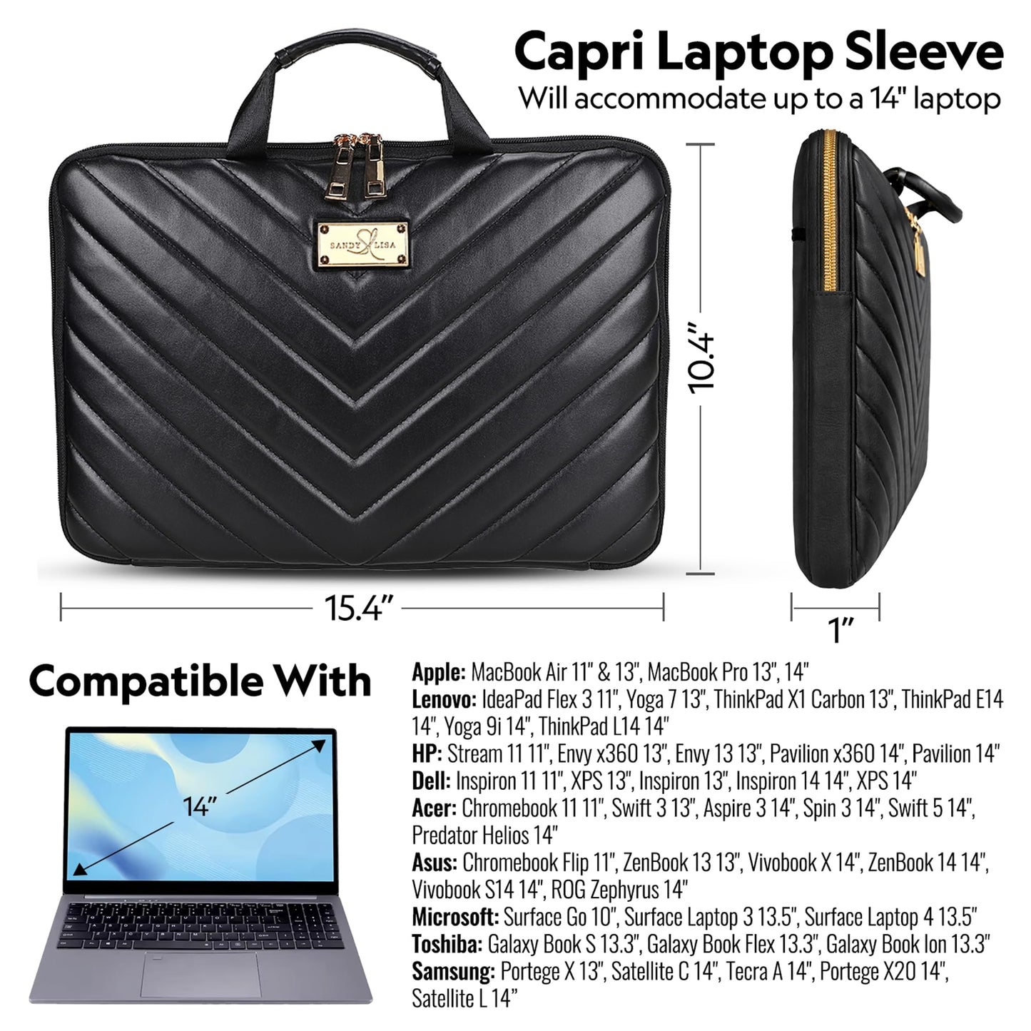SANDY LISA Capri Women Laptop Sleeve |Compatible with MacBook Pro 14 inch | MacBook Air/Pro 13-13.3 Notebook | MacBook Air M2 13 inch | Buttery Soft Padded Chevron - Black