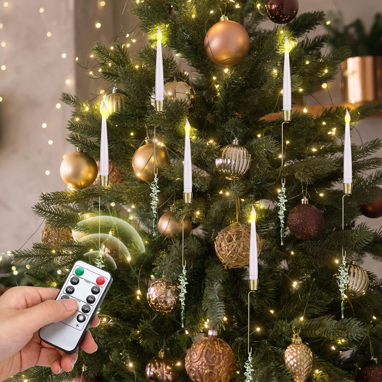 Tujoe 6 Pack Flameless Christmas Tree Candles with Remote Crystal Icicle Hook Hanging Candle Lights for Christmas Tree Battery Operated LED Taper Candlesticks with Timer for Home Xmas Party Decor Gift