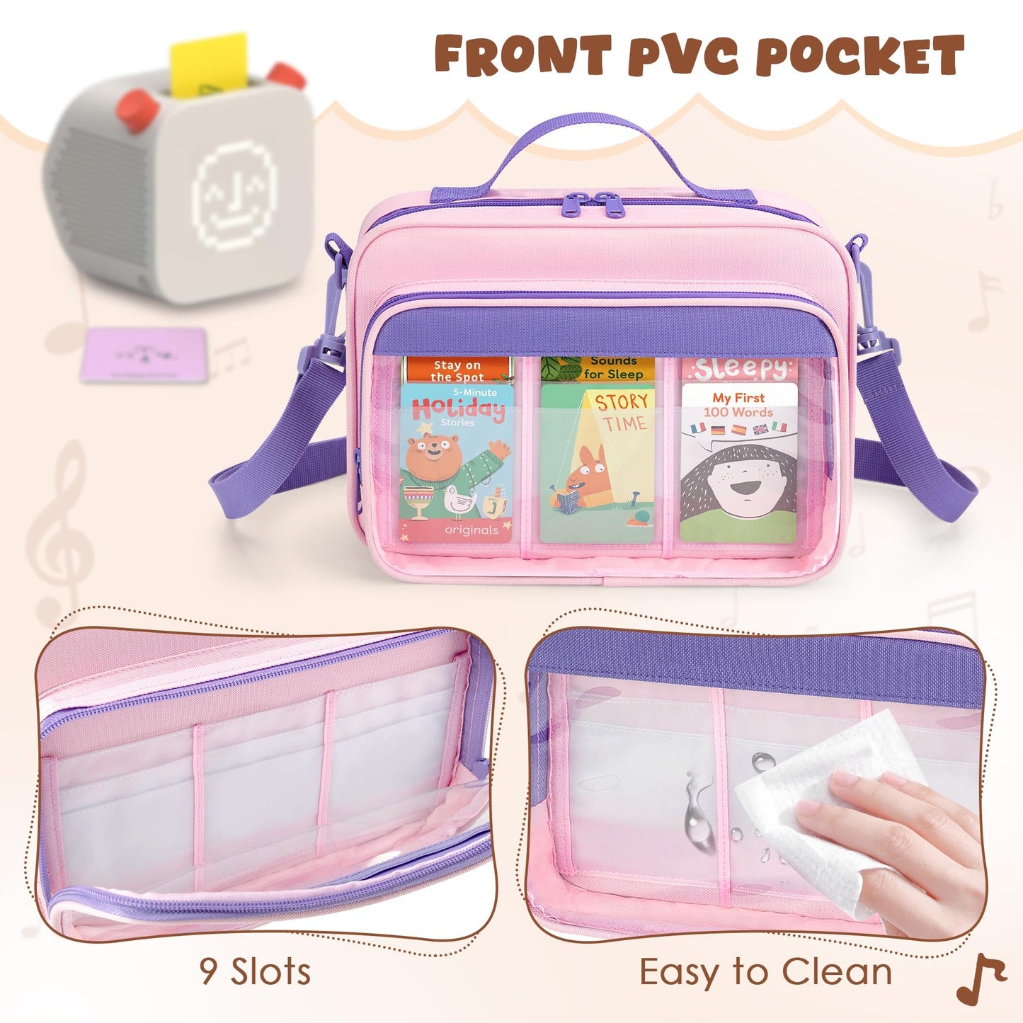 LoDrid Trading Card Binder 4 Pocket Compatible with Yoto Cards with 50 Removable Sleeves Holds up to 409 Cards, Card Case with Handle and Shoulder Strap for Travel, Pink, Bag Only, Patent Design