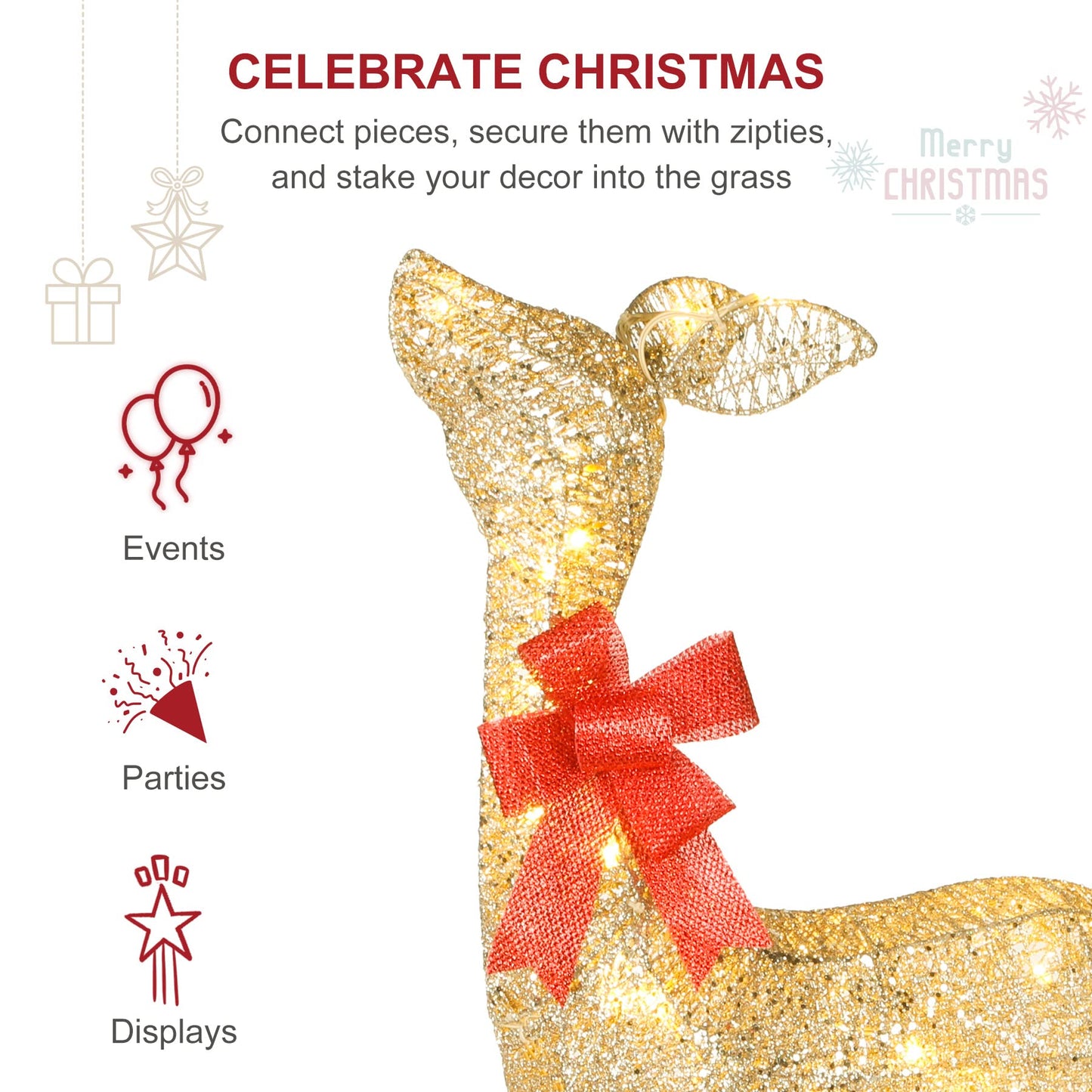 Lighted Christmas Decoration Deer 3 Piece, HOYECHI Light up Christmas Decor Reindeer Family Set for Indoor Outdoor Front Yard Porch with 210 LED Lights, Plug, Ground Stakes - Gold