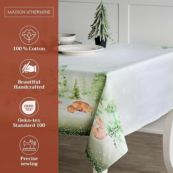 Maison d' Hermine Table Cloth Rectangle Table 100% Cotton 54 x 72 Inches Fall Tablecloth Reusable Everyday Use for Thanksgiving Christmas Decorations Dining Farmhouse Party (Winter Mornings)