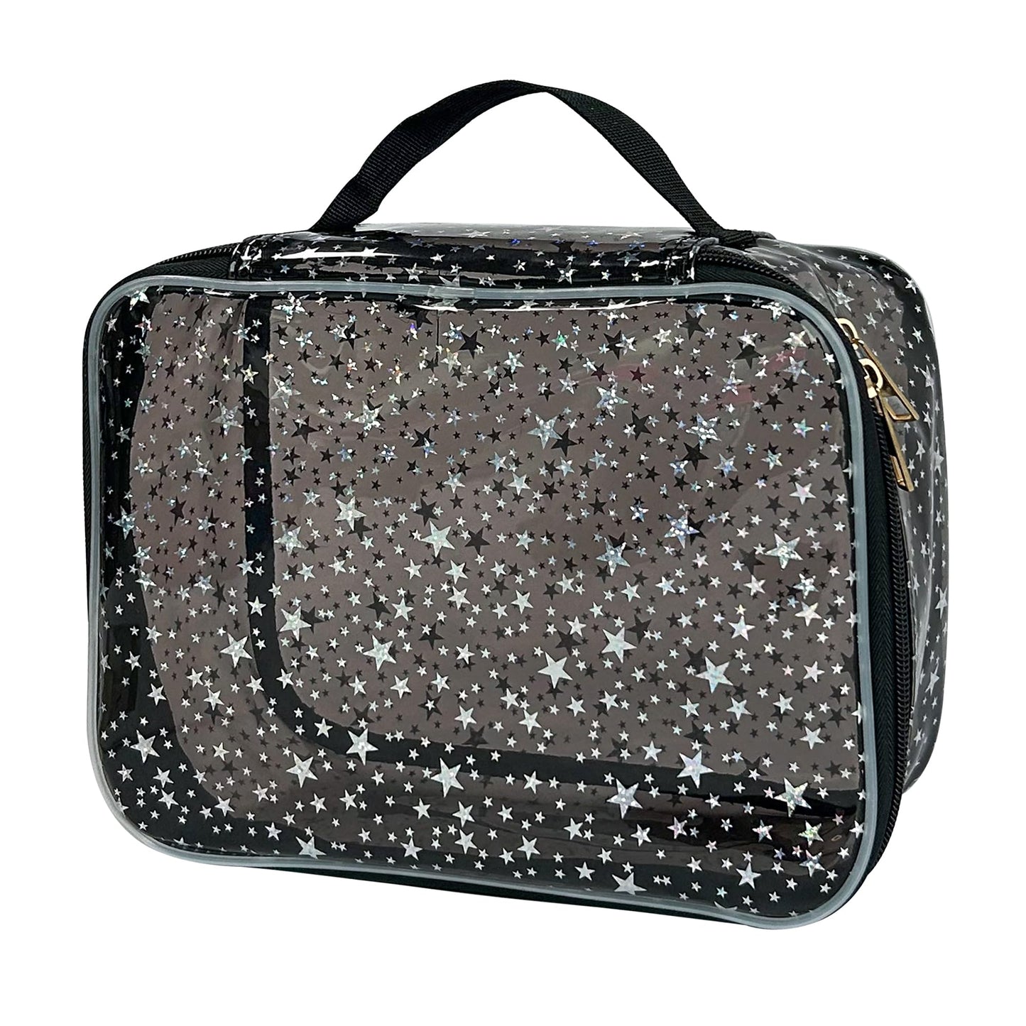 TotePrint Star Pattern PVC Waterproof Makeup Bag - 9.84×7.09×3.94inch Cosmetic Organizer with Handles for Women & Men, Travel Toiletry Bag (Black)
