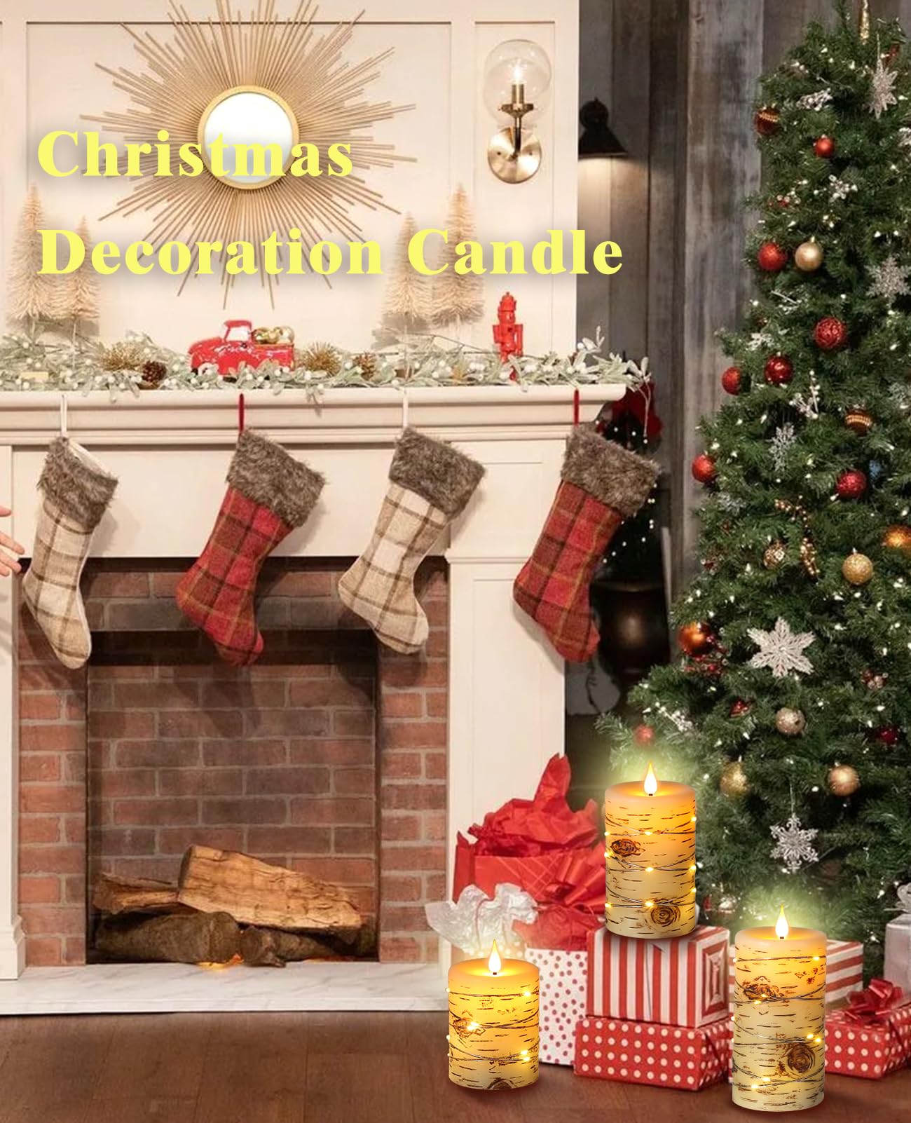 Da by 3 Pack Birch Bark Real Wax Flameless Candles, Flickering LED Taper Candles with Copper String Lights, Battery Operated Candles with Remote for Farmhouse Wedding Home Decor