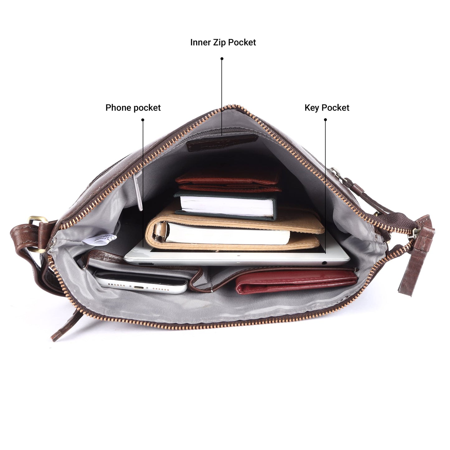 LEDERBUCK Olga Women's Extra-Large Genuine Leather Crossbody Purse – Soft Triple-Zip Shoulder Bag (Brown)