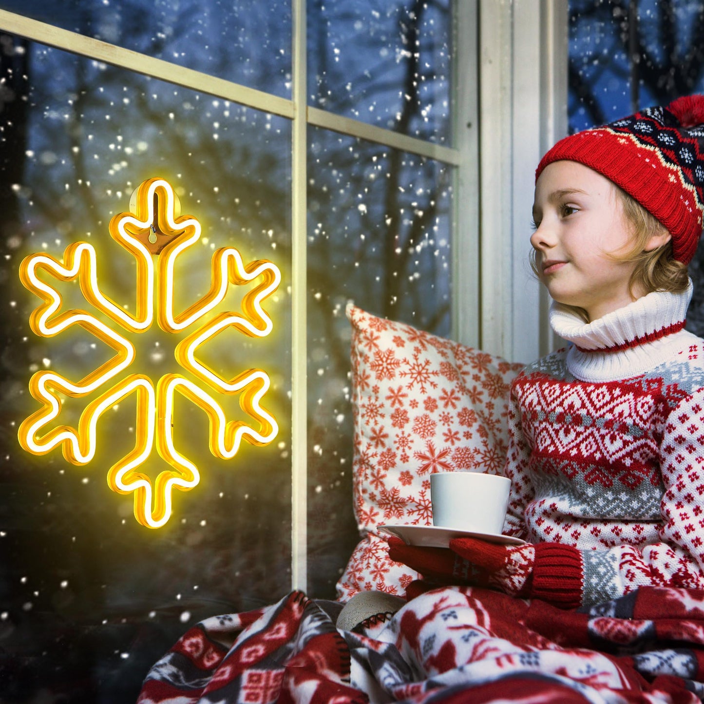 Enhon Christmas Neon Snowflake Light, 12 Inch Giant Snowflake Lights, Battery and USB Powered Christmas Curtain Neon Sign with Timer for Xmas Party Decoration(Warm White,2 Pack)
