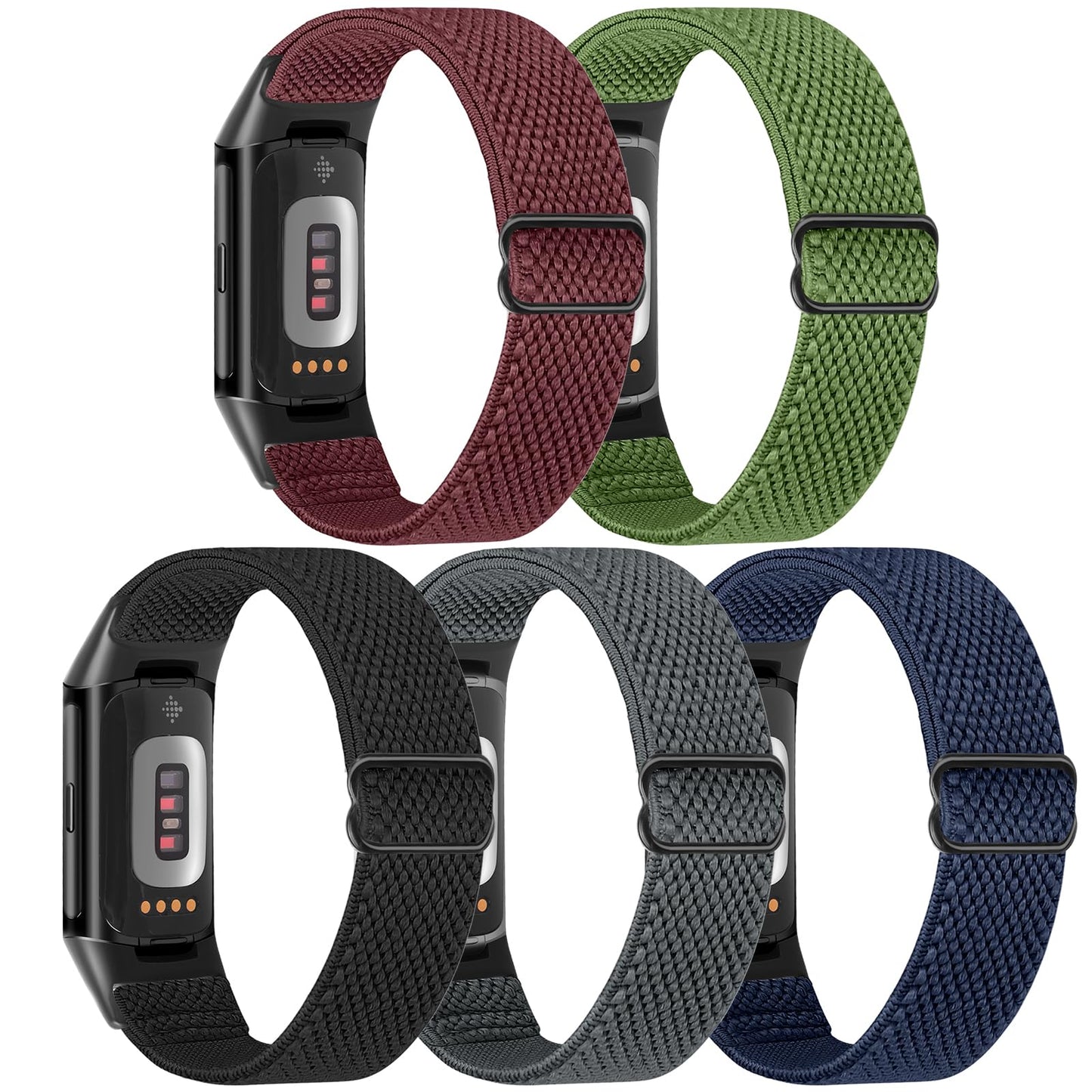 Bcuckood 5 Pack Elastic Nylon Watch Bands Compatible for Fitbit Charge 6/Fitbit Charge 5, Adjustable Breathable Replacement Stretchy Nylon Loop Wristband Sport Strap for Women Men