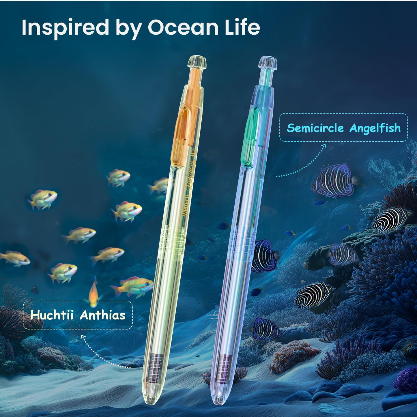 WRITECH Gel Pens Medium Point: Luminous pen set 0.7mm Black Ink Includes 2 Pens and 2 Refills Silent Clicker Smooth Writing for School Office & Everyday Use